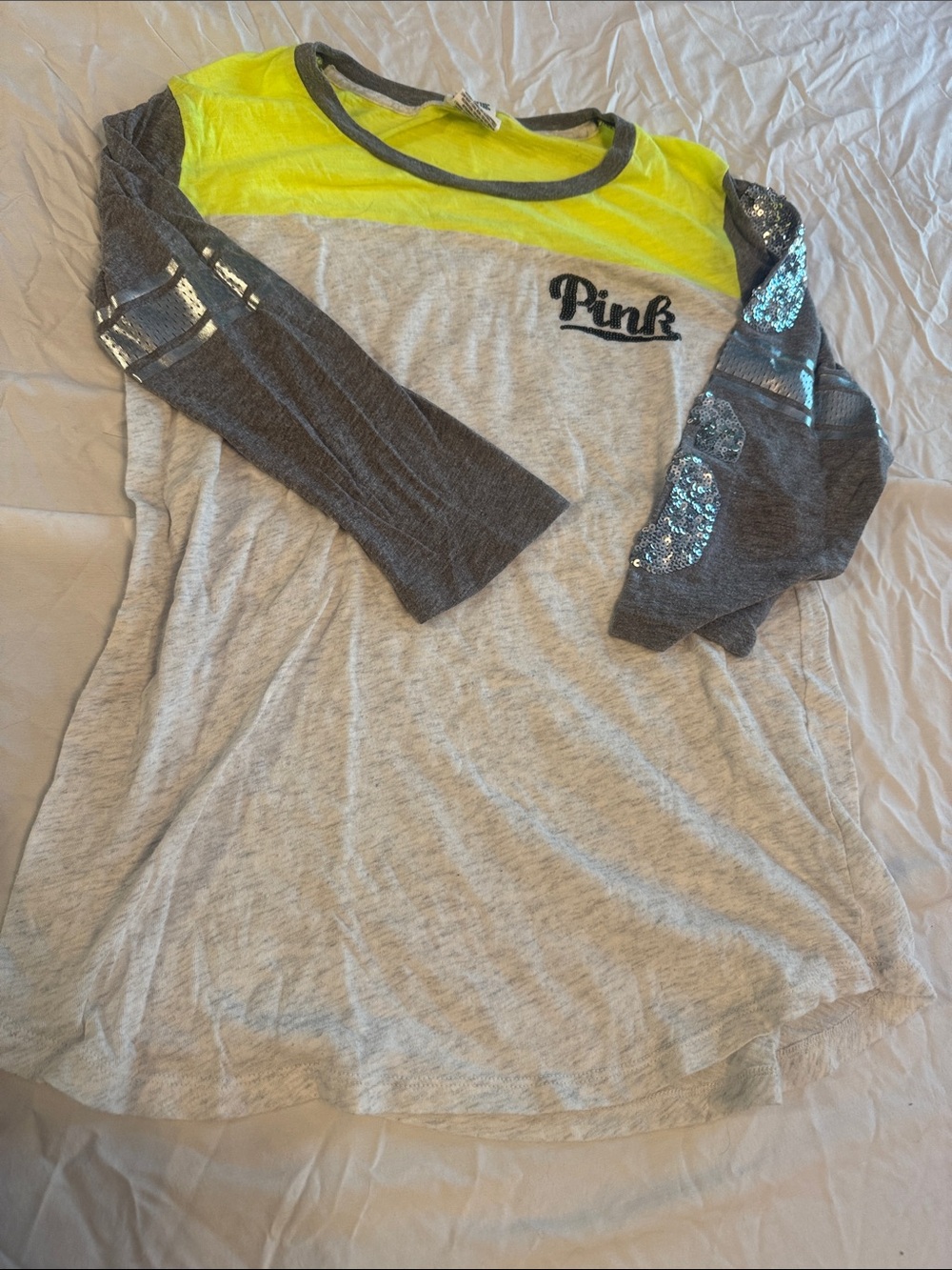 PINK Small Victoria's Secret Neon Yellow, Gray & Heathered Long Sleeve Tee